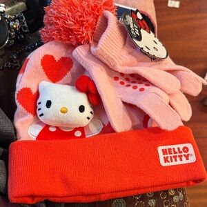 Hello Kitty Pink and Red Pom Pom Beanie with Matching Gloves